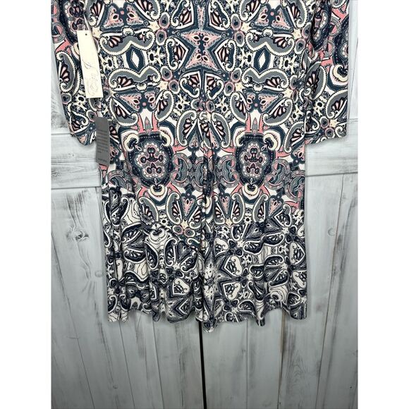 NWT ELIZA J BLUE PINK PAISLEY MOSAIC 3/4 SLEEVE STRETCH JERSEY SHIFT DRESS 14 - Picture 9 of 16